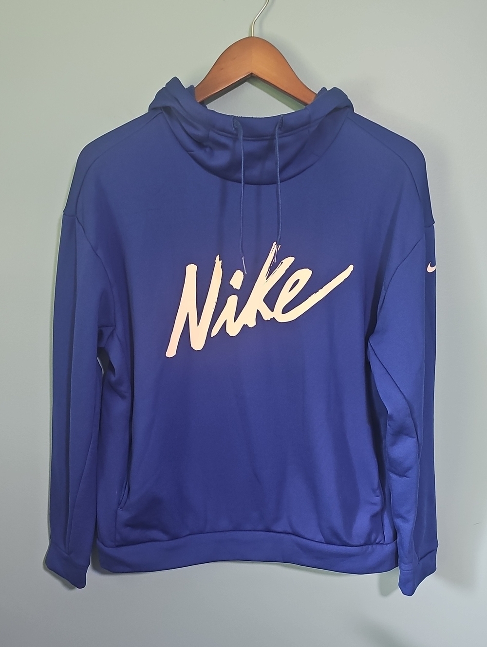 Nike Blue Pullover Hoodie Sweatsuit Top Pink Script Font Size S